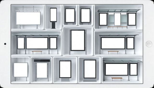 Tablet displaying modular bus shelter advertising mockup grid with blank lightboxes and benches