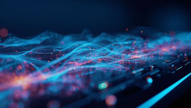 Digital particle wave pulsating above keyboard in neon light