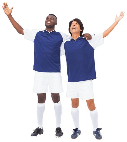 Successful Diverse Footballers Celebrating on Transparent Surface