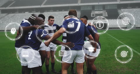 Diverse Rugby Team in Strategic Huddle with Digital Overlay