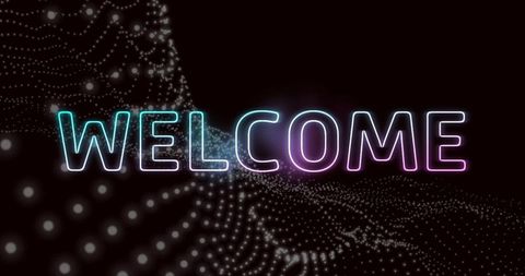 Glowing Neon Welcome Sign in Futuristic Digital Grid Space