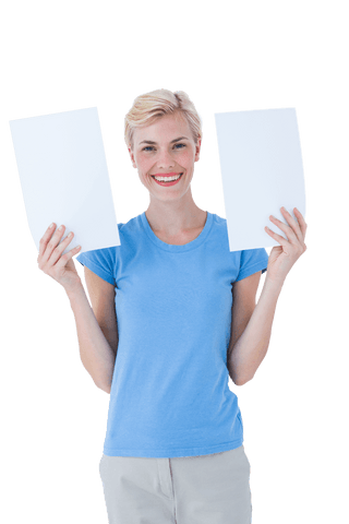 Happy Blonde Woman Holding Blank Papers on Transparent Background - Download Free Stock Videos Pikwizard.com