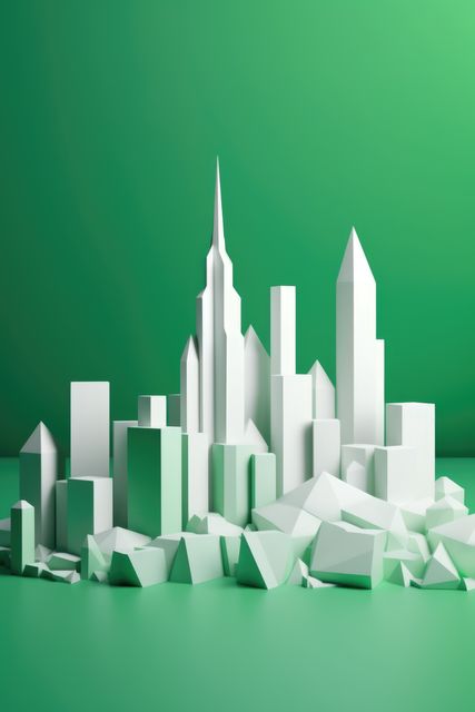 Origami cityscape on green background, created using generative ai technology. Origami art, cityscape and architecture concept digitally generated image.