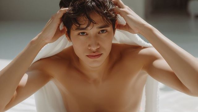 Shirtless young man holding white towel with wet hair and direct gaze in bright bedroom