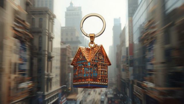 Ornate house-shaped gold keychain in urban setting