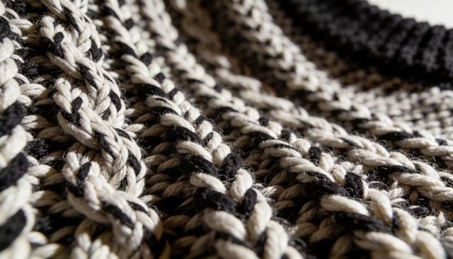 Black-and-white chunky braided knit showing diagonal cable rows macro texture