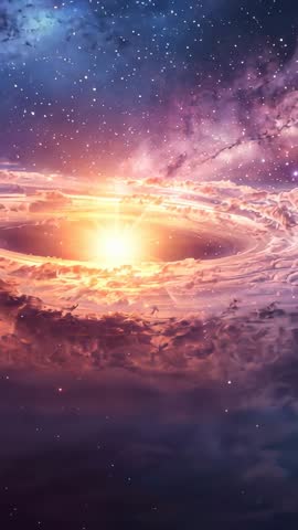 Vertical cosmic ring nebula revealing glowing torus and luminous core zooming inward epic