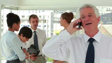 Senior Businessman Talking on Phone with Team Collaborating