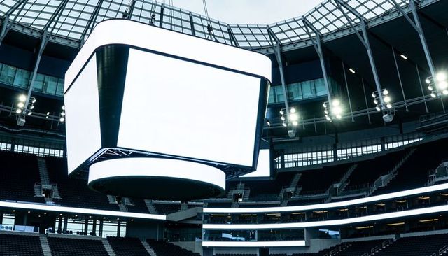 Massive suspended led scoreboard dominating modern stadium interior blank panels led ribbon