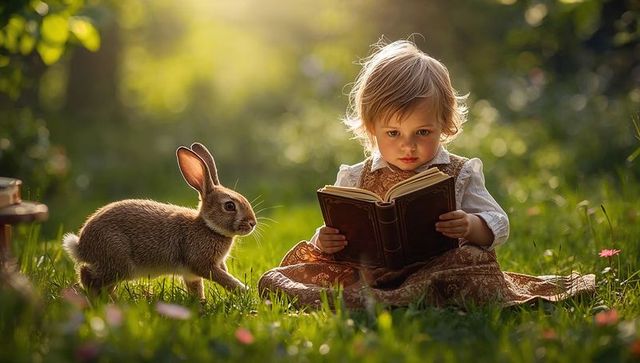 Toddler Reading Vintage Book in Sunlit Meadow with Curious Rabbit Companion