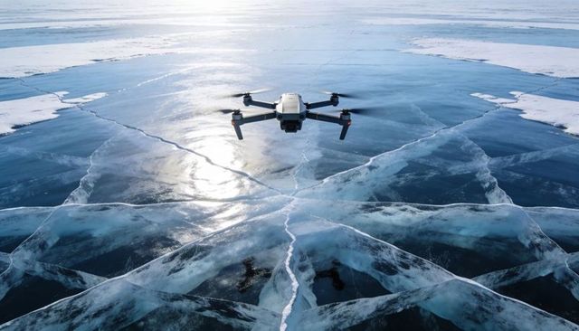 Hovering drone capturing cracked ice on frozen lake with dramatic sun glare and minimal horizon