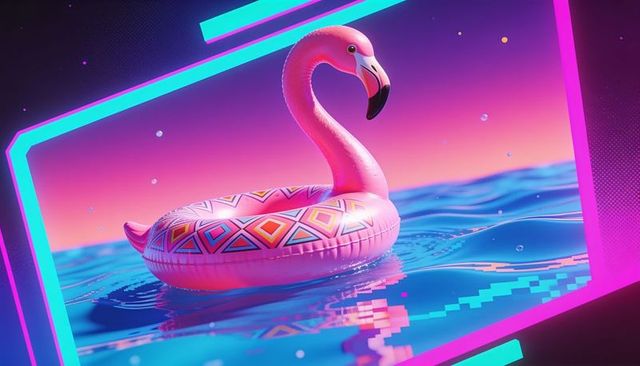 Floating neon flamingo pool float drifting on retrofuturistic blue waves with patterned tube