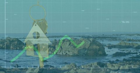 Hanging house keychain over rocky low-tide coast with green trend line overlay
