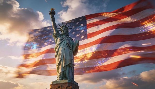 Statue of liberty standing with waving american flag, spark effects, cinematic golden hour