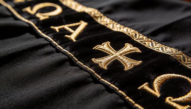 Black velvet sash with gold embroidered cross and ornate metallic border, macro textile