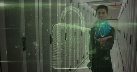 Man showcasing digital padlock hologram in server room