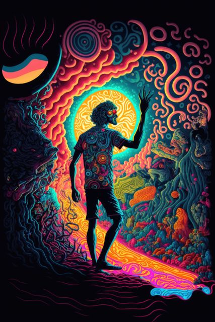 Psychedelic Art: Man in Surreal Landscape with Vibrant Patterns - Download Free Stock Images Pikwizard.com