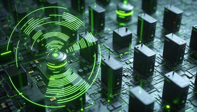 Projecting neon-green data hub emitting concentric waves over microcircuit server array