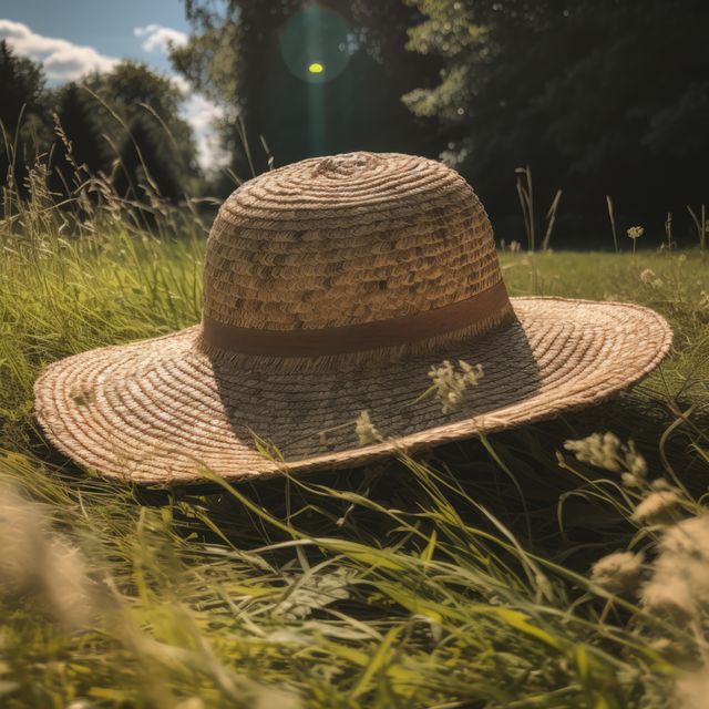A straw hat lying on lush grass suggests a serene summer day in a sunny meadow. Ideal for promoting outdoor lifestyle, leisure activities, or summer-related themes. It conveys tranquility, relaxation, and connection with nature.