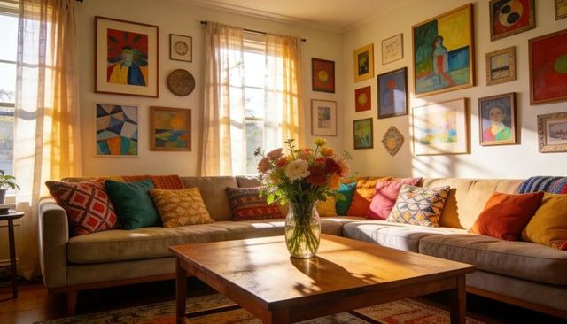 Sunlit living room featuring sectional sofa, colorful pillows and warm floral centerpiece