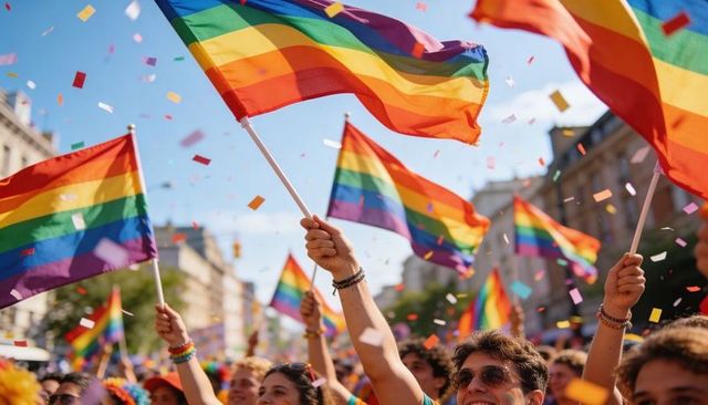 Crowd waving rainbow flags and throwing confetti celebrating pride parade in city street