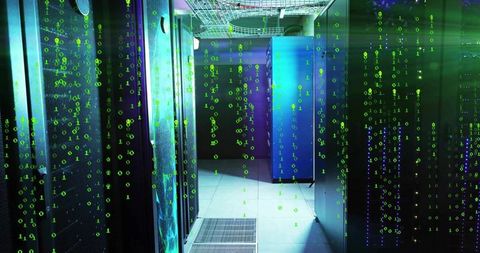 Showing data center aisle with server racks and binary code overlay for cybersecurity