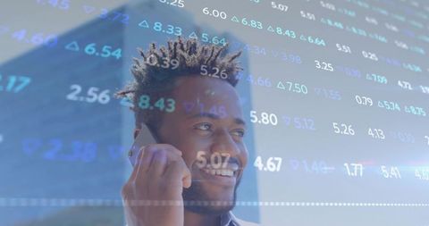 Businessman Discussing Stock Market on Smartphone with Financial Data Overlay