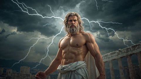 Mythical male deity zeus with lightning in ancient ruins