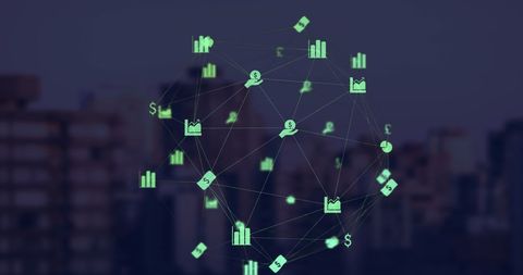 Digital Network with Financial Icons Over Cityscape - Download Free Stock Images Pikwizard.com