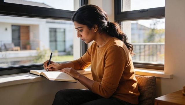 Indian woman writing journal by sunlit window, focused student studying and journaling