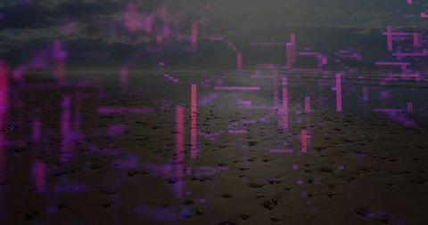 Surreal Beach Scene with Neon Glitch Digital Art Overlay