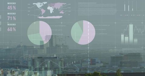 Overlaying Transparent Analytics Dashboard Over Hazy Urban Skyline with Pie Charts and Graphs