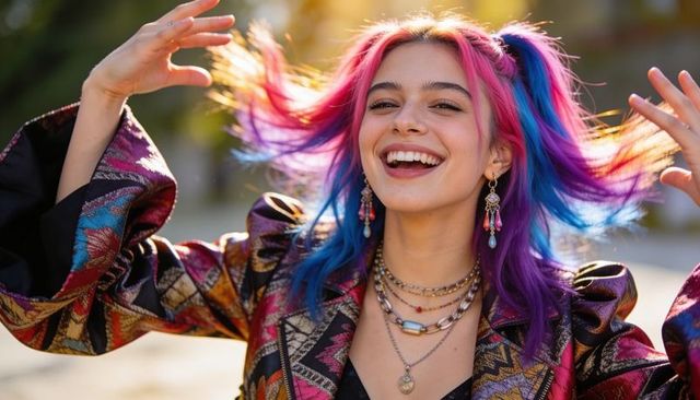 Smiling woman laughing, flipping pink-blue pigtails in sunlit park wearing metallic jacket