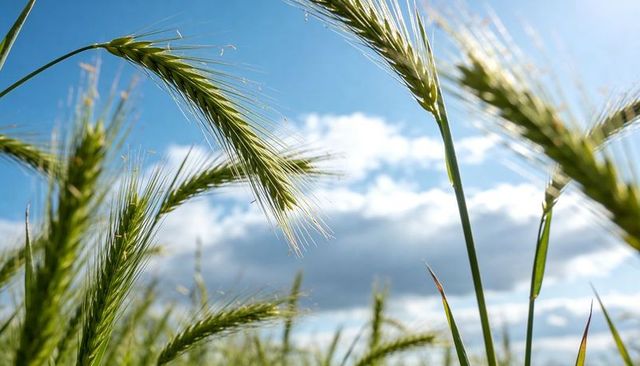 Backlit green barley heads swaying in breeze under blue sky and soft clouds