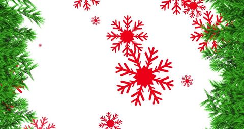 Festive Red Snowflakes Amidst Lush Green Christmas Branches
