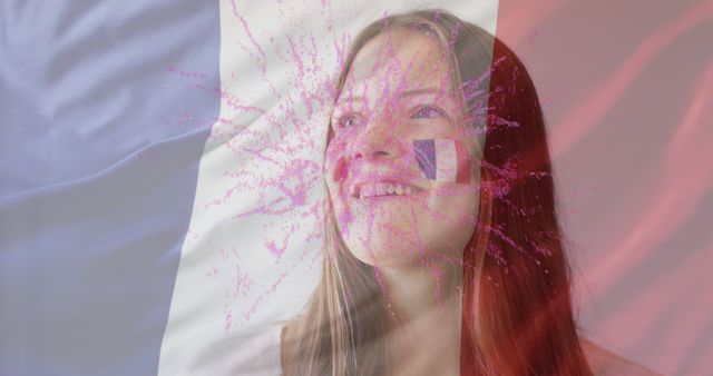 Image of flag of france over caucasian woman smiling. Bastille day, fete nationale francaise, patriotism and celebration concept digitally generated image.
