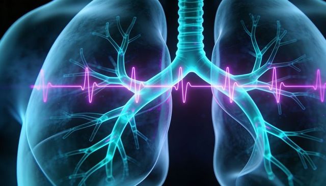 Translucent Lungs with Bronchial Tree and Neon ECG Waveform Crossing Chest, 3D Medical Viz