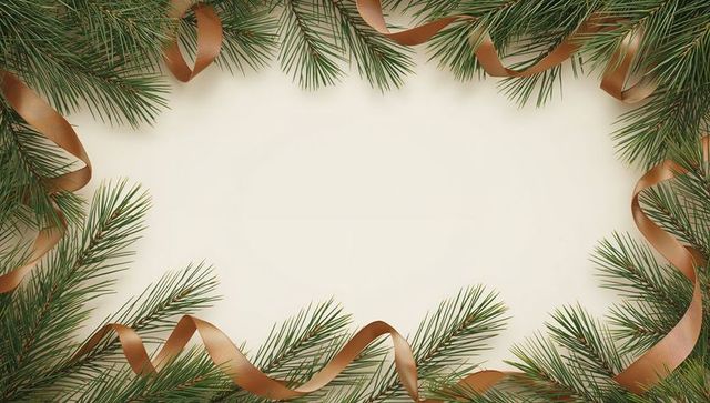 Minimalist evergreen frame with copper ribbon on cream background for holiday design & invitations