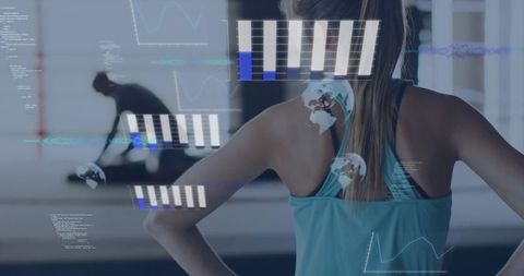 Standing woman facing augmented reality fitness hud featuring workout analytics and charts