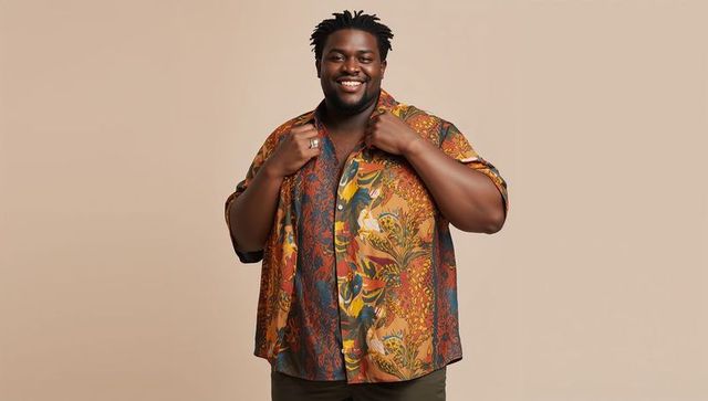 Smiling man holding collar, wearing vibrant botanical patterned shirt and rings