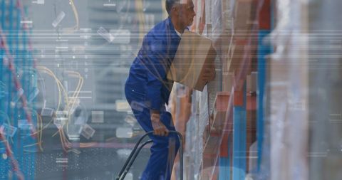 Warehouse Worker Holding Box with Digital Interface Overlay