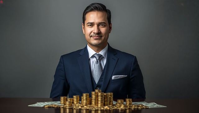 Confident businessman demonstrating wealth with gold coins and cash