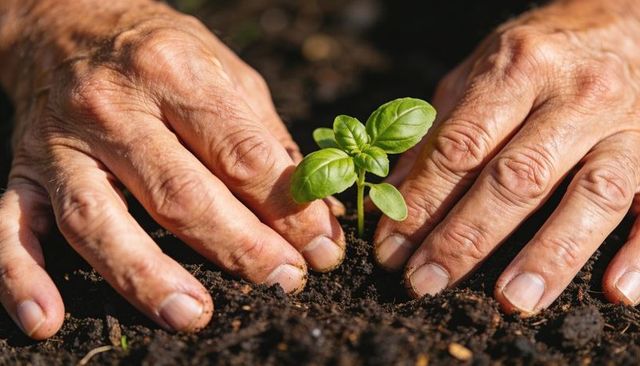 Weathered hands planting young seedling in rich soil closeup gardening growth concept