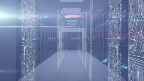 Futuristic Digital Server Room with Data Processing Animation