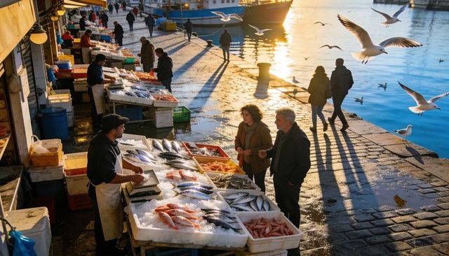 Sunlit harbor fish market arranging fresh seafood on ice while buyers select at quay