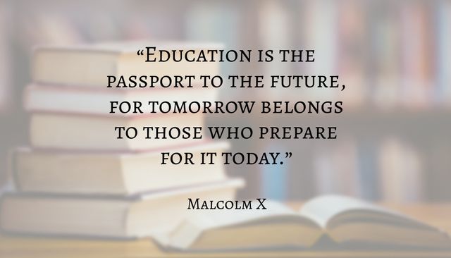 Inspirational quote about education set against a background of stacked books. Great for motivational content, educational materials, posters, school resources, and social media posts aimed at encouraging learning and the pursuit of knowledge.