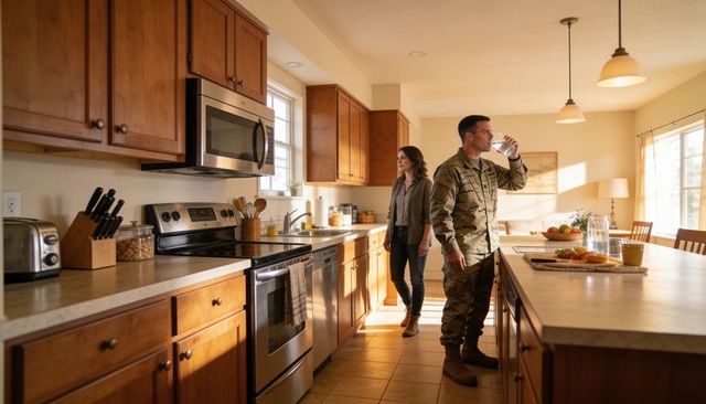 Soldier in camouflage uniform drinking water at sunlit kitchen island while partner follows