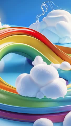Orbiting Camera Revealing Rainbow Arch Rising Through Whimsical Cloud Puffs Vertical Video