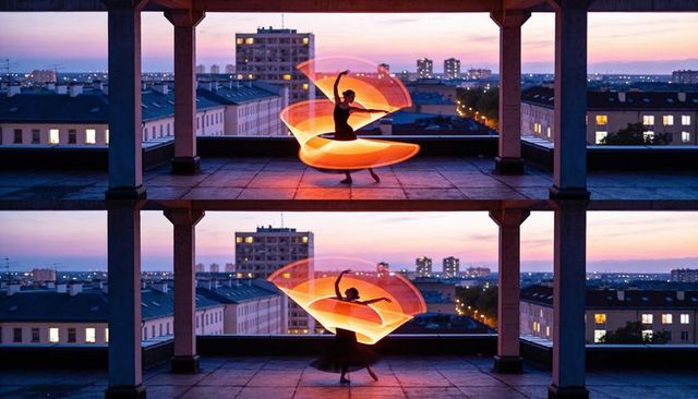 Rooftop ballet dancer spinning led light trails at twilight city skyline
