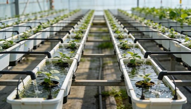 Hydroponic greenhouse rows with flowing irrigation troughs, net pots and young seedlings